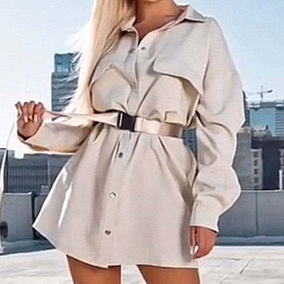 ZARA cream beige button front Shacket faux‎ leather oversized shirt top Sz L - Picture 2 of 8